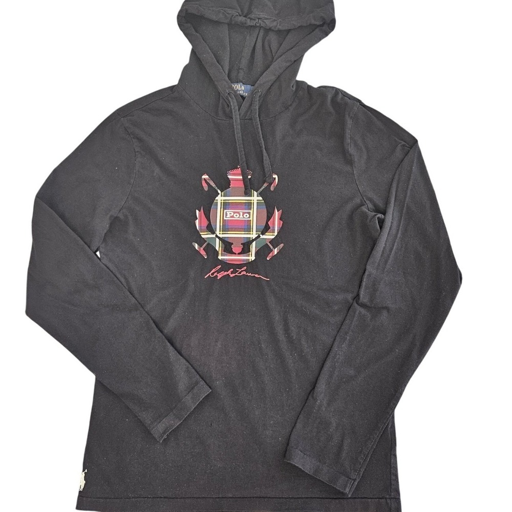 Polo Ralph Lauren Holiday Heritage Black W Plaid Logo Men's Small Hooded T-Shirt